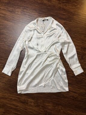 Zara White Satin Long-Sleeve faux wrap Mini Dress